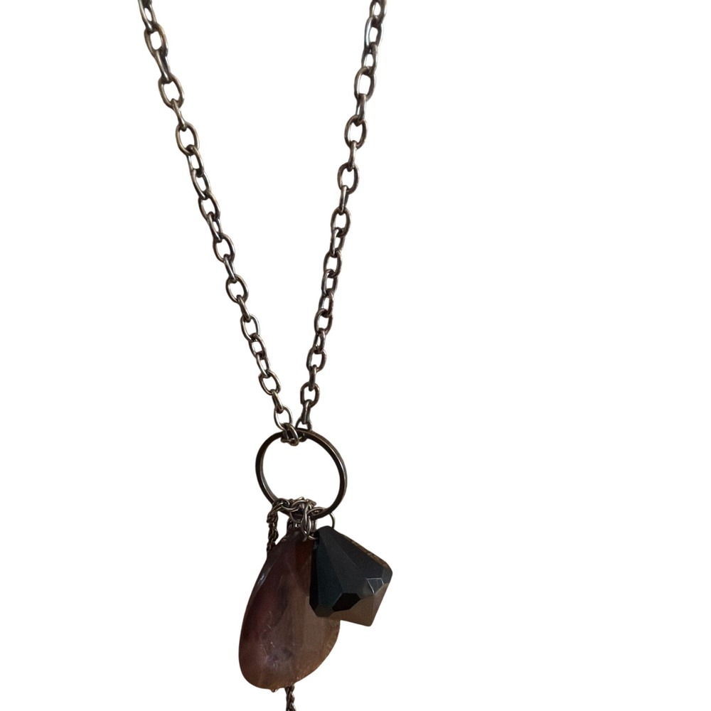 Gunmetal Long Chain Necklace Brown Stone Black Faceted Bead Cluster Pendant